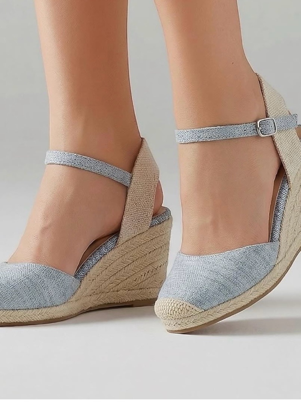 Soda Light Blue and Natural Espadrille Wedge Ankle-Strap Sandals